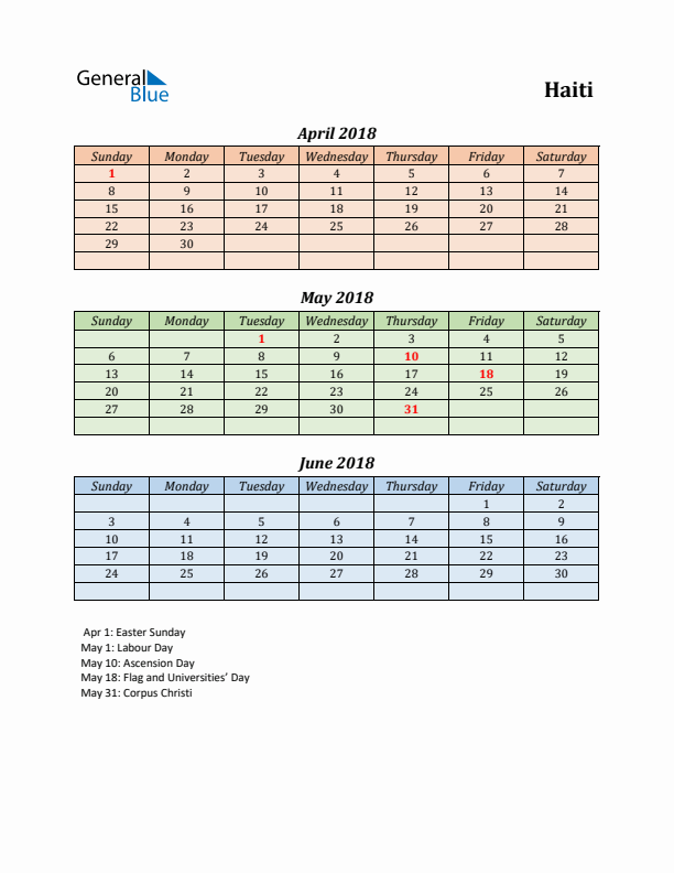 Q2 2018 Holiday Calendar - Haiti