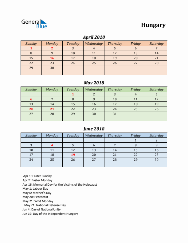 Q2 2018 Holiday Calendar - Hungary