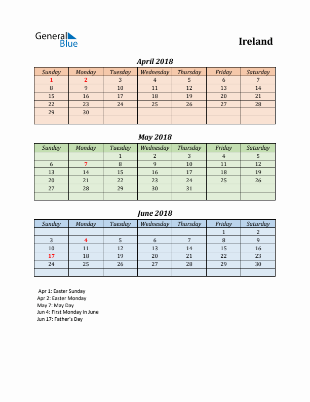 Q2 2018 Holiday Calendar - Ireland