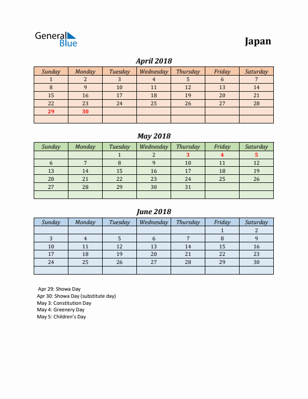 Q2 2018 Holiday Calendar - Japan