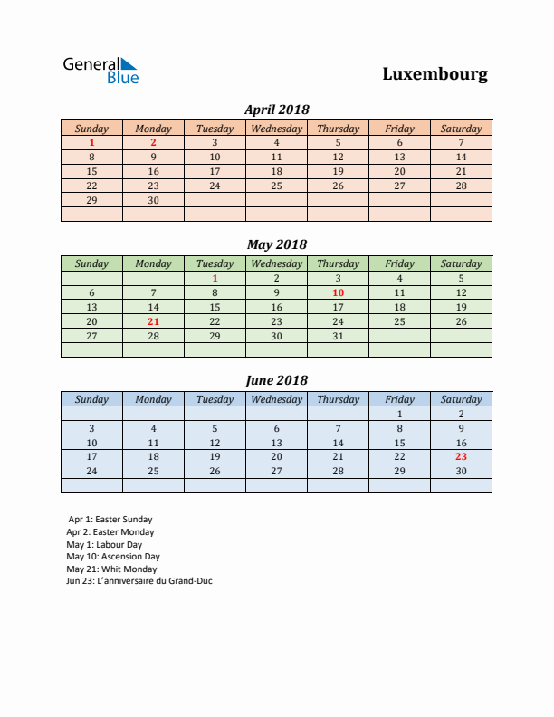 Q2 2018 Holiday Calendar - Luxembourg