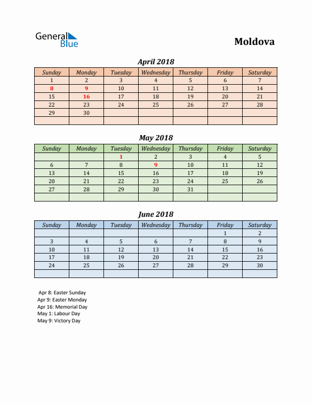 Q2 2018 Holiday Calendar - Moldova