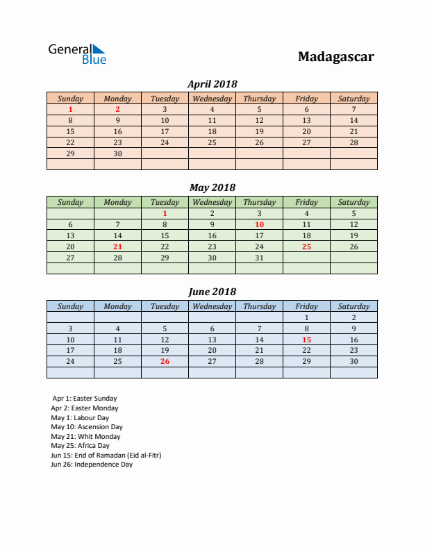 Q2 2018 Holiday Calendar - Madagascar