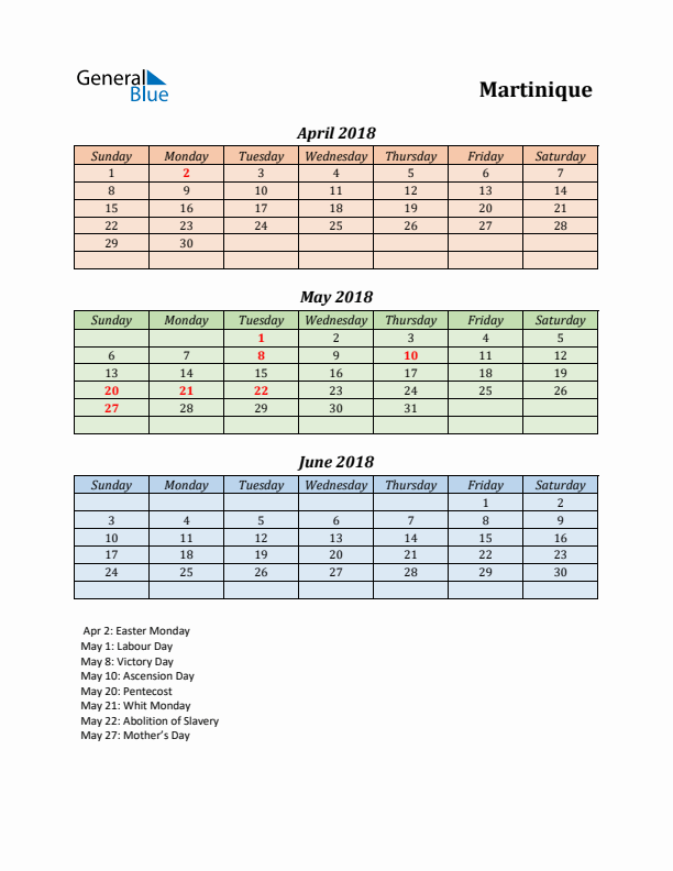 Q2 2018 Holiday Calendar - Martinique