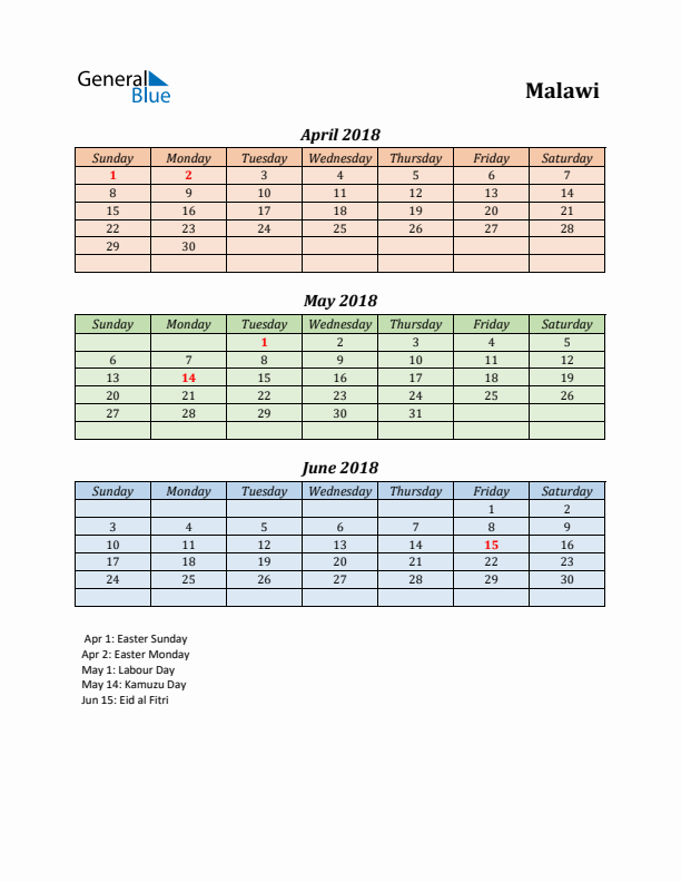 Q2 2018 Holiday Calendar - Malawi