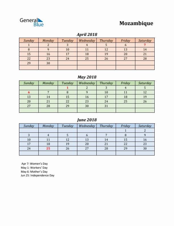 Q2 2018 Holiday Calendar - Mozambique