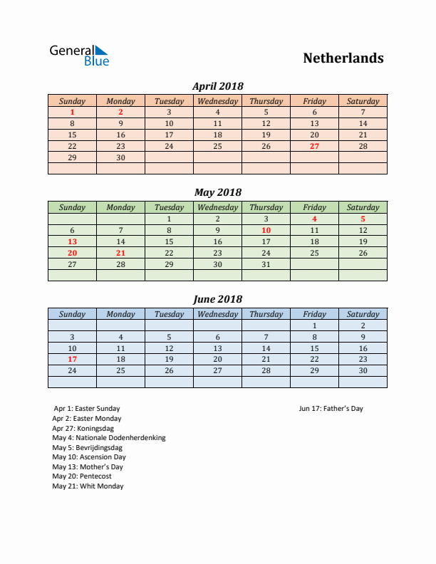 Q2 2018 Holiday Calendar - The Netherlands