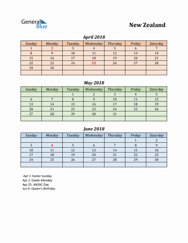 Q2 2018 Holiday Calendar - New Zealand