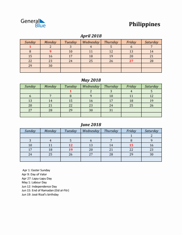 Q2 2018 Holiday Calendar - Philippines