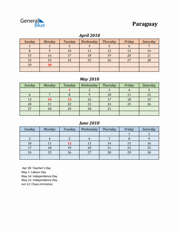 Q2 2018 Holiday Calendar - Paraguay