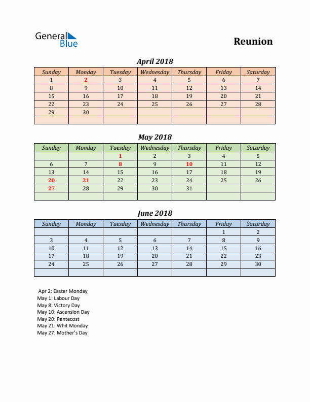 Q2 2018 Holiday Calendar - Reunion