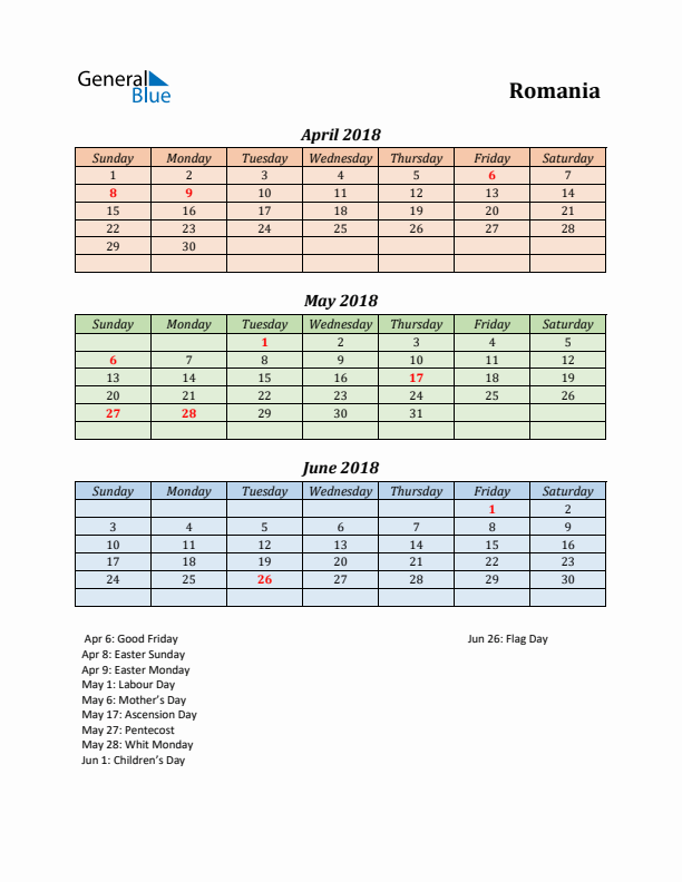 Q2 2018 Holiday Calendar - Romania