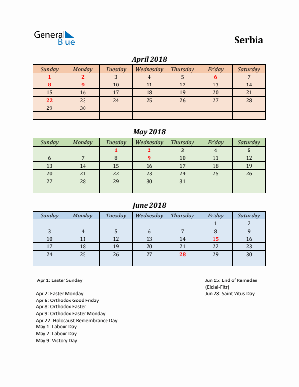 Q2 2018 Holiday Calendar - Serbia