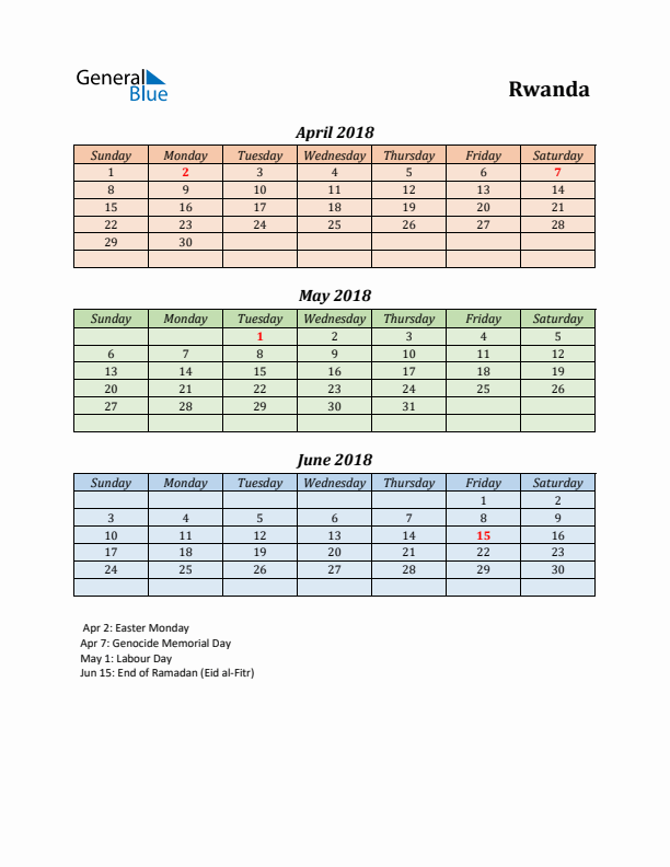 Q2 2018 Holiday Calendar - Rwanda