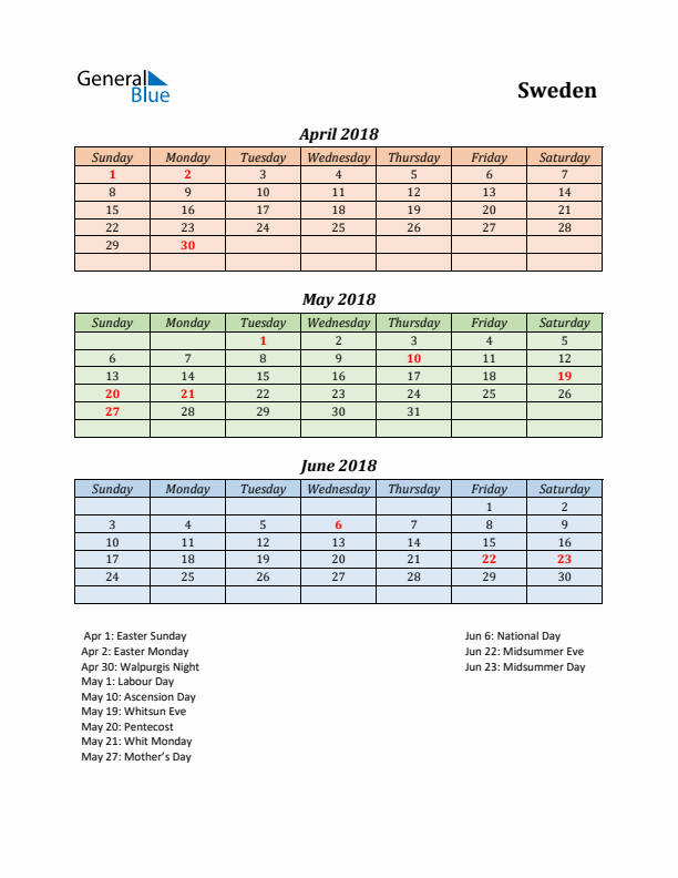 Q2 2018 Holiday Calendar - Sweden