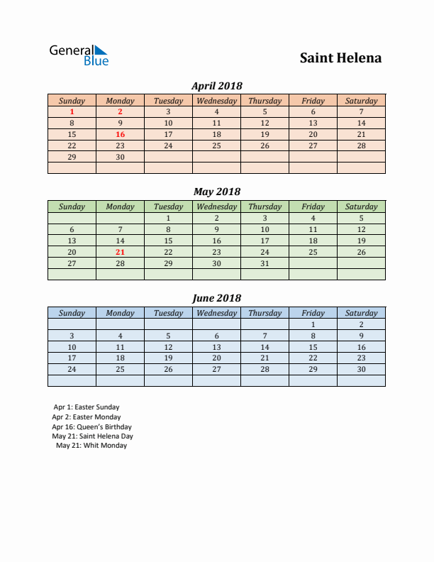 Q2 2018 Holiday Calendar - Saint Helena