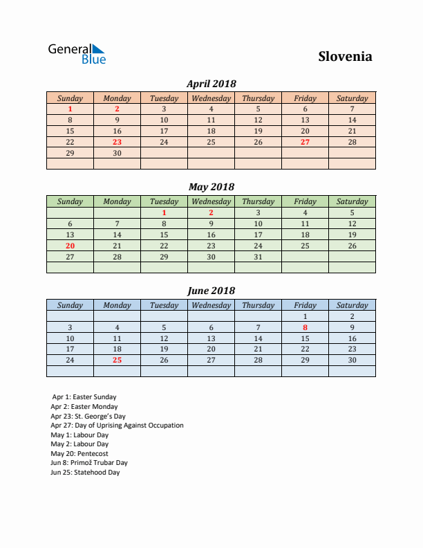 Q2 2018 Holiday Calendar - Slovenia