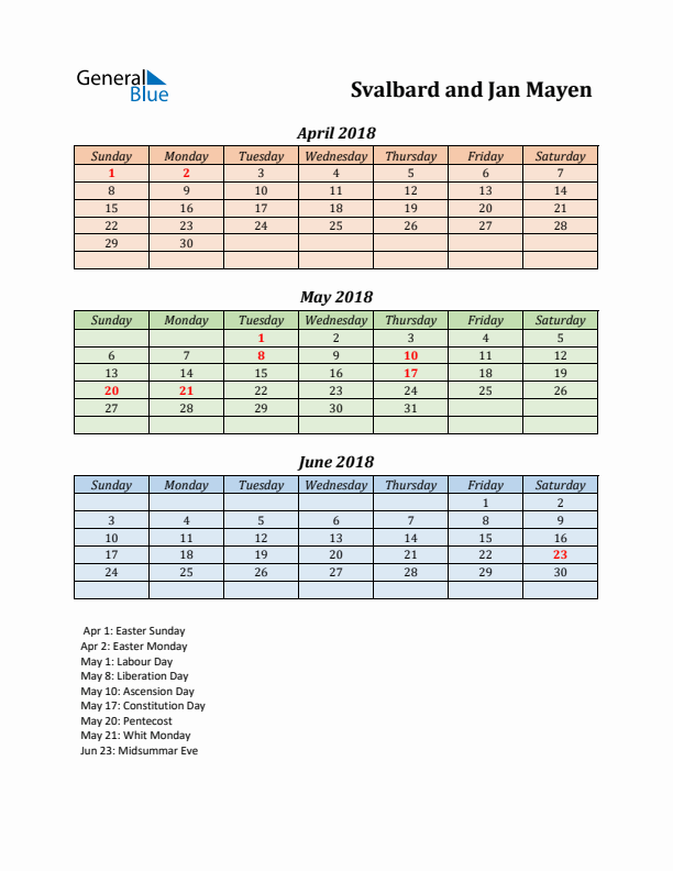 Q2 2018 Holiday Calendar - Svalbard and Jan Mayen