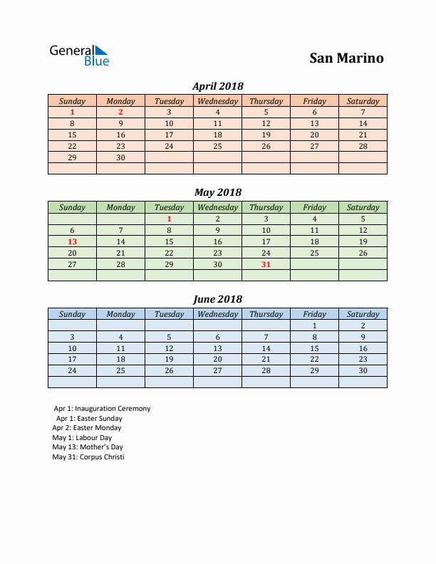 Q2 2018 Holiday Calendar - San Marino