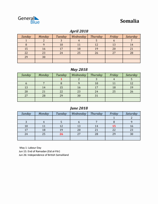 Q2 2018 Holiday Calendar - Somalia