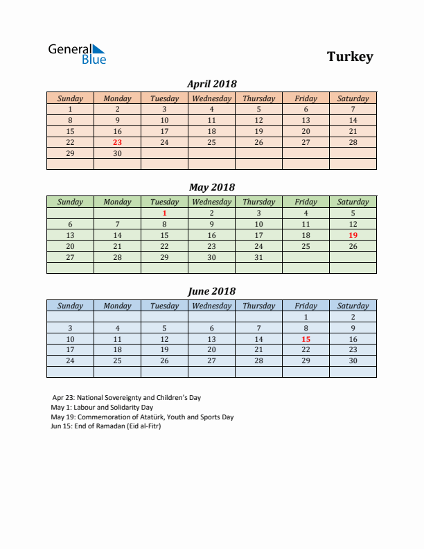 Q2 2018 Holiday Calendar - Turkey