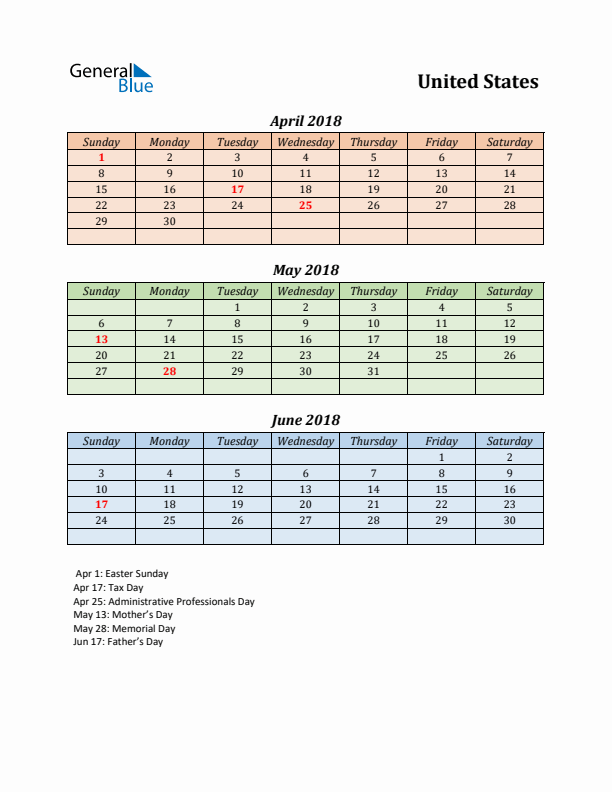 Q2 2018 Holiday Calendar - United States