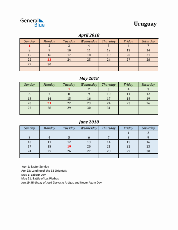 Q2 2018 Holiday Calendar - Uruguay