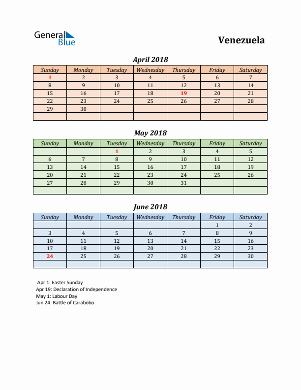 Q2 2018 Holiday Calendar - Venezuela