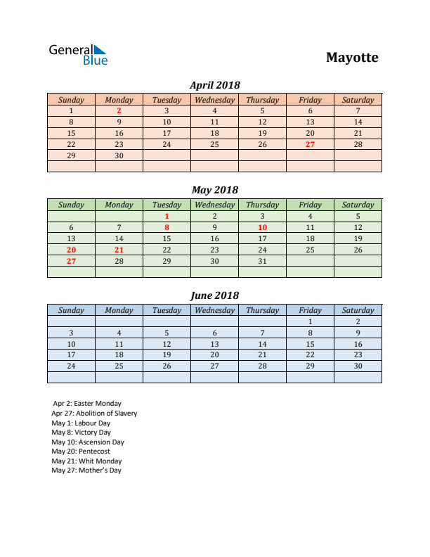 Q2 2018 Holiday Calendar - Mayotte