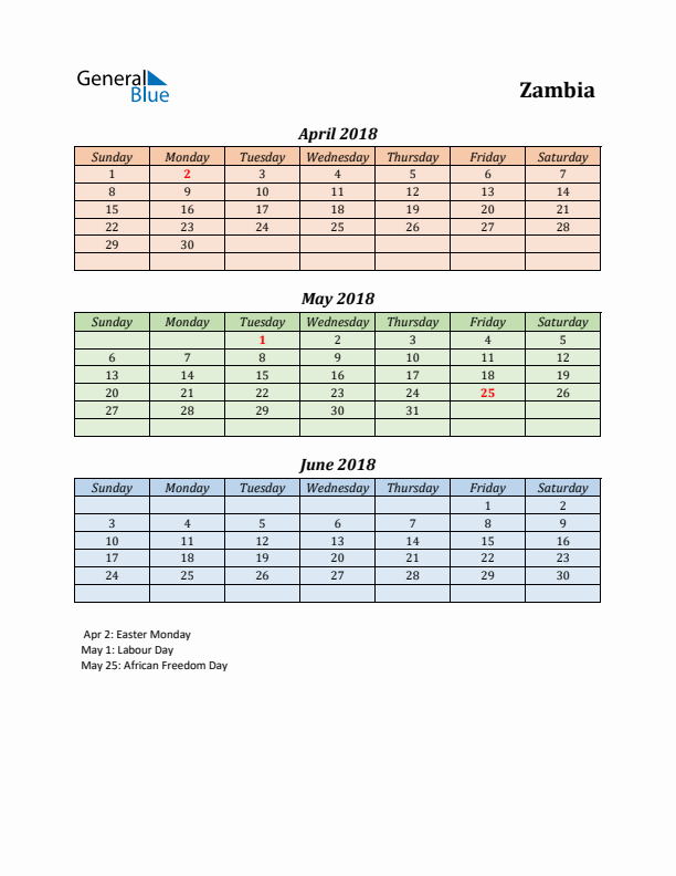 Q2 2018 Holiday Calendar - Zambia