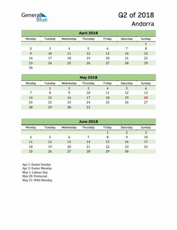 Quarterly Calendar 2018 with Andorra Holidays