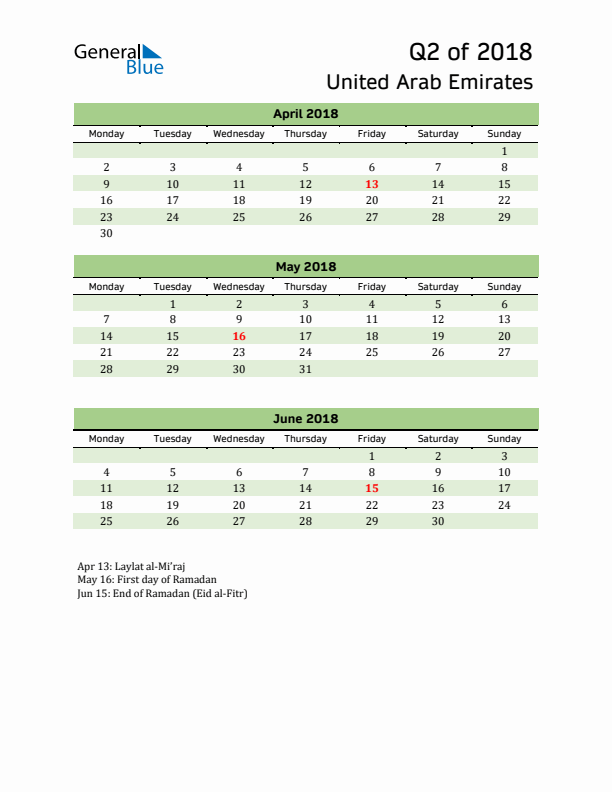 Quarterly Calendar 2018 with United Arab Emirates Holidays