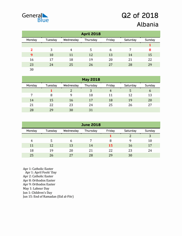 Quarterly Calendar 2018 with Albania Holidays