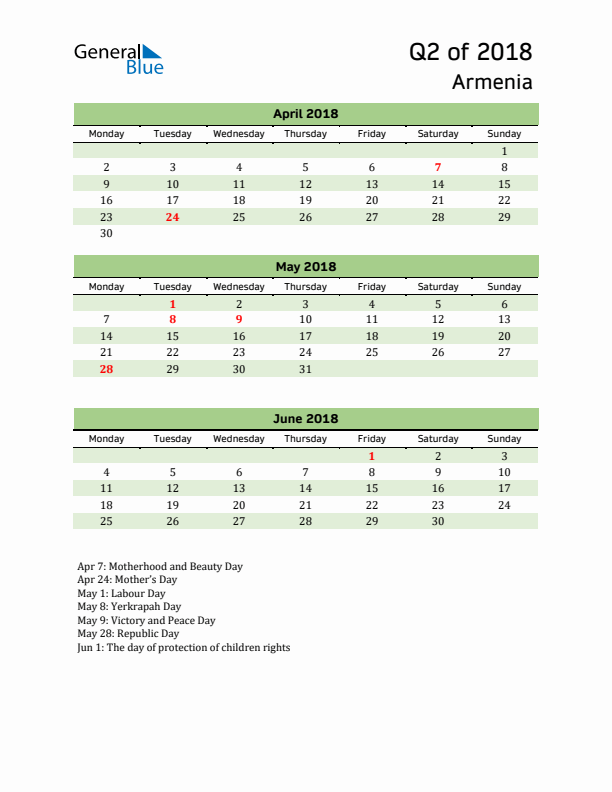 Quarterly Calendar 2018 with Armenia Holidays