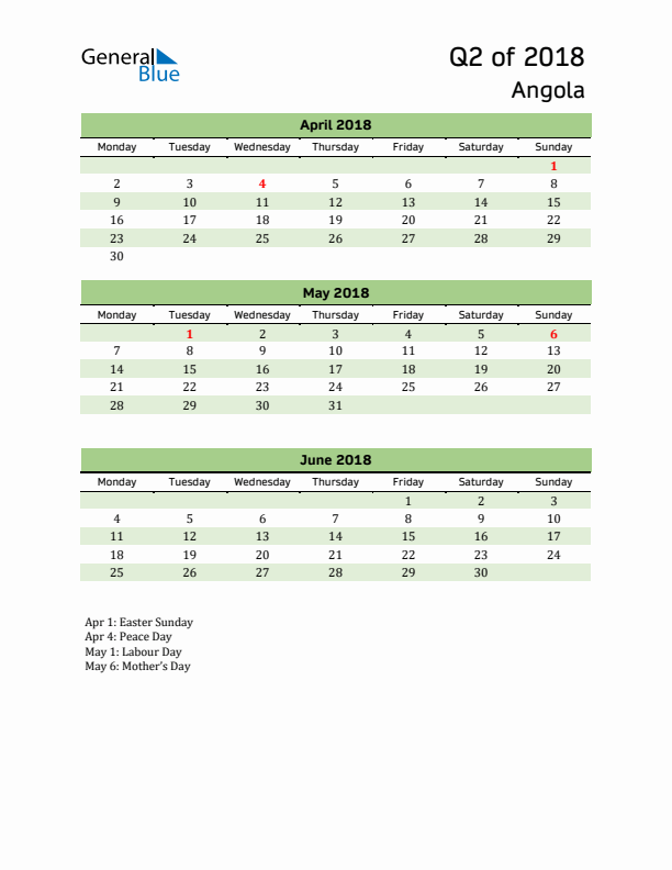 Quarterly Calendar 2018 with Angola Holidays