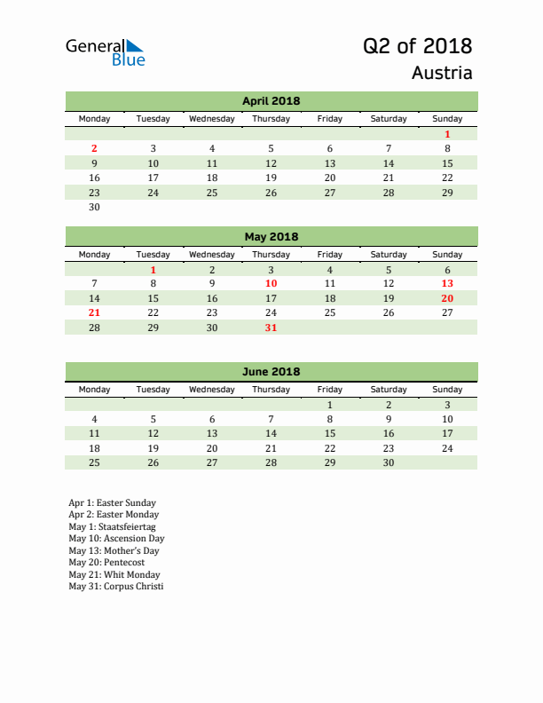 Quarterly Calendar 2018 with Austria Holidays