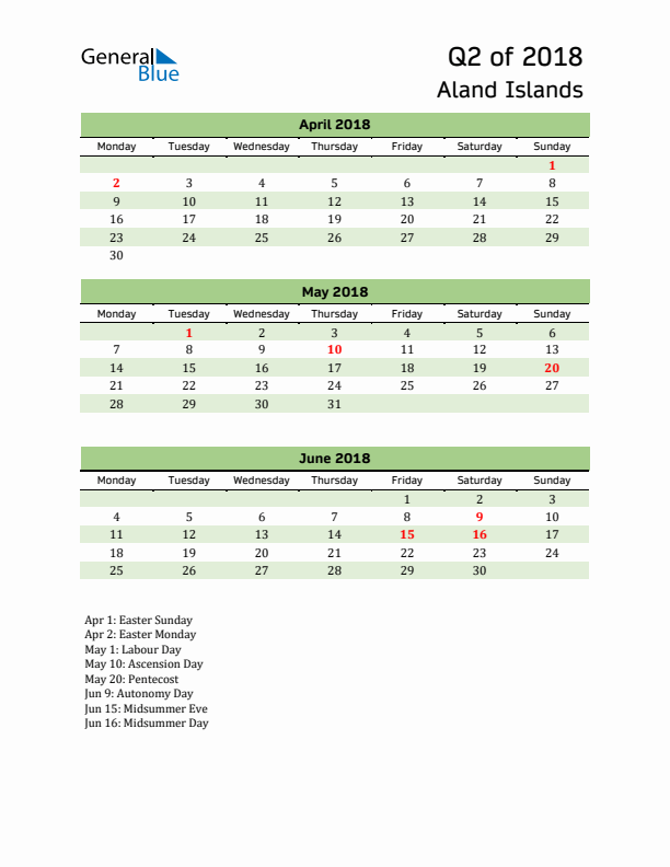 Quarterly Calendar 2018 with Aland Islands Holidays