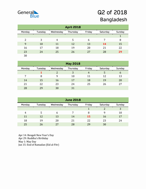 Quarterly Calendar 2018 with Bangladesh Holidays