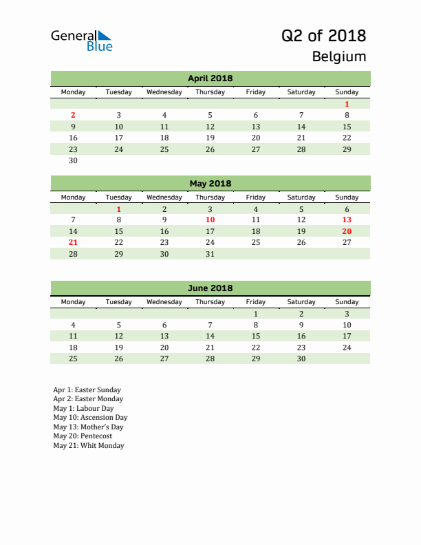 Quarterly Calendar 2018 with Belgium Holidays