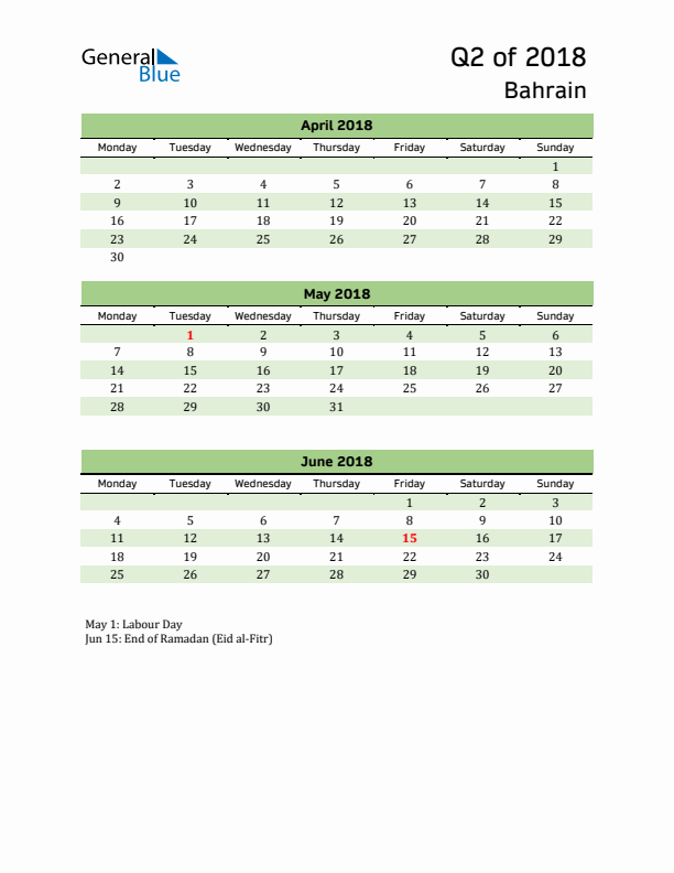 Quarterly Calendar 2018 with Bahrain Holidays