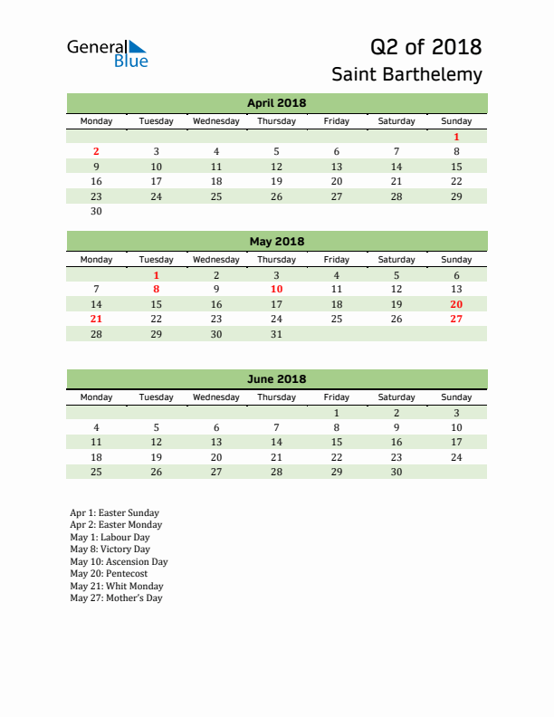 Quarterly Calendar 2018 with Saint Barthelemy Holidays