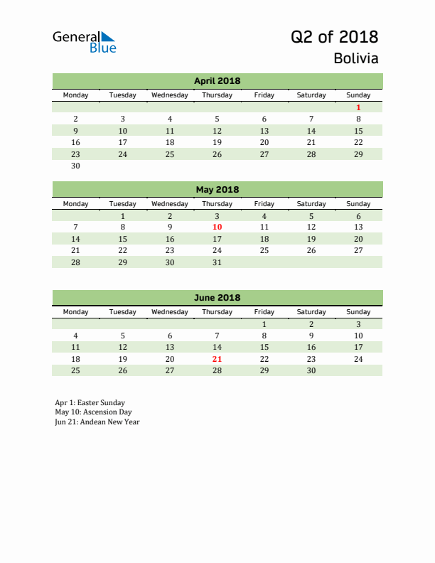 Quarterly Calendar 2018 with Bolivia Holidays