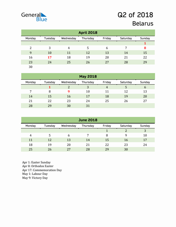 Quarterly Calendar 2018 with Belarus Holidays