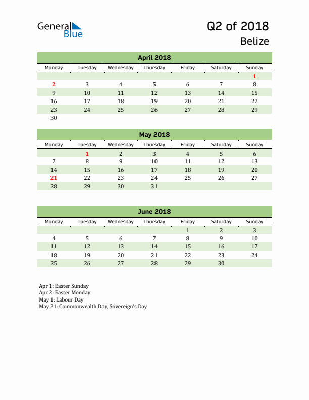 Quarterly Calendar 2018 with Belize Holidays