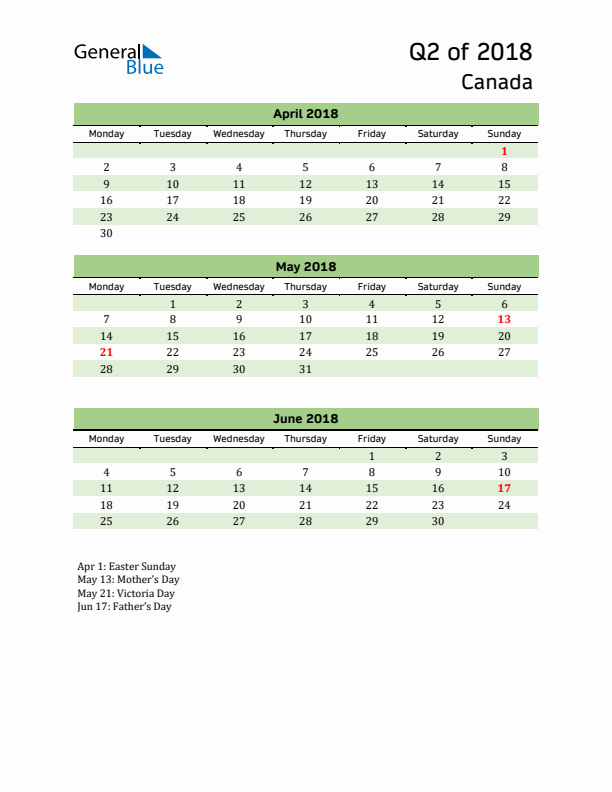 Quarterly Calendar 2018 with Canada Holidays