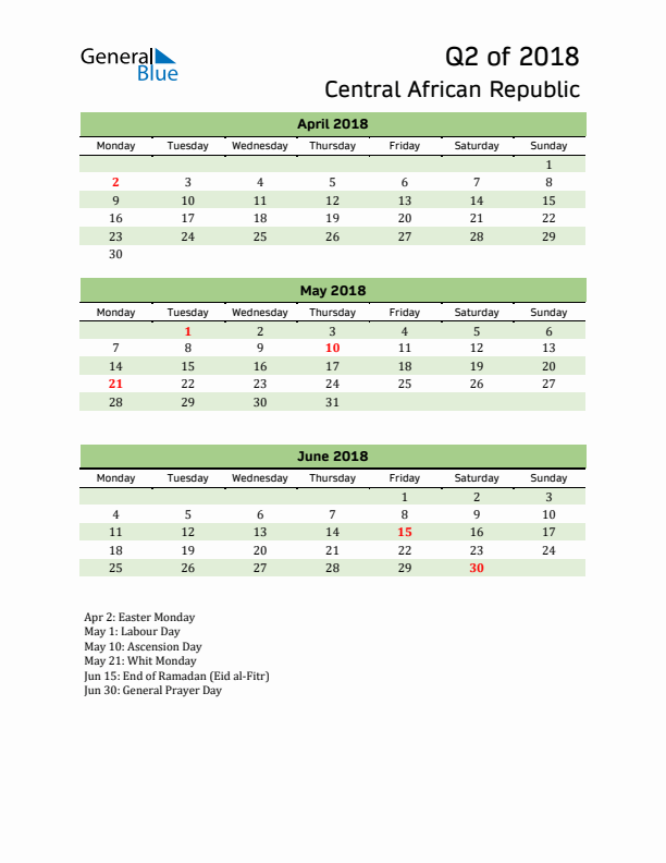 Quarterly Calendar 2018 with Central African Republic Holidays