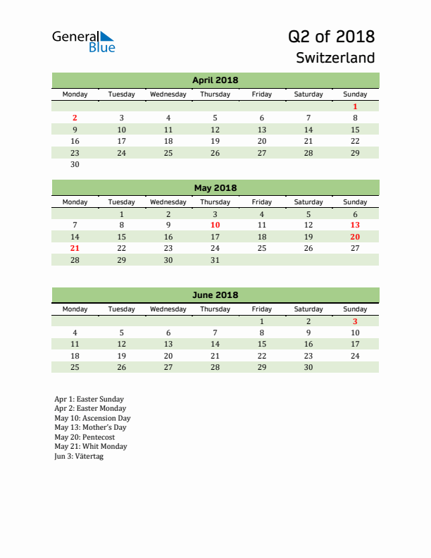 Quarterly Calendar 2018 with Switzerland Holidays