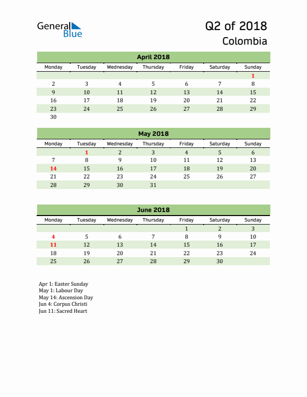 Quarterly Calendar 2018 with Colombia Holidays