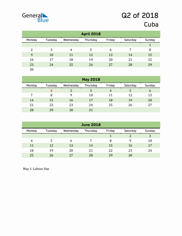 Quarterly Calendar 2018 with Cuba Holidays