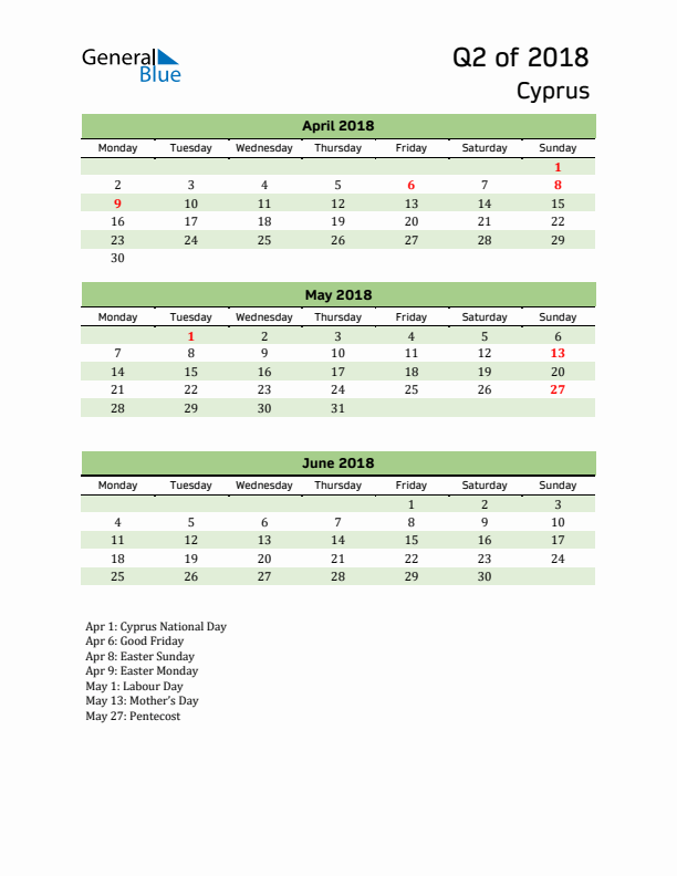 Quarterly Calendar 2018 with Cyprus Holidays